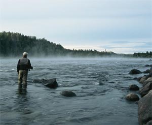 Mikael Lindström provar fiskelyckan i Renforsen.