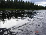 Här ligger laxen och väntar på min fluga. Tyvärr bet den inte den här gången men oj vilket vatten, djupt och strömmt var det här (lainio älv).