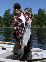 Timo Järvinen med en nystigen blank Gullspångslax på 7,6 kg från Forshaga den 1/6 2006